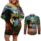Personalised Raiders Rugby ANZAC Day Couples Matching Off Shoulder Short Dress and Long Sleeve Button Shirt Last Post Poppy We Will Remember Them