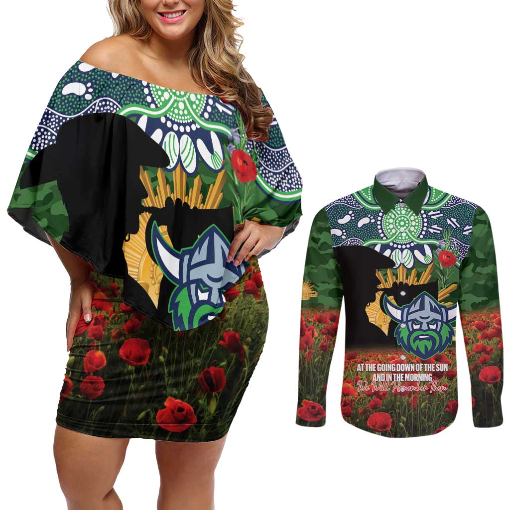 Personalised Raiders Rugby ANZAC Day Couples Matching Off Shoulder Short Dress and Long Sleeve Button Shirt Last Post Poppy We Will Remember Them