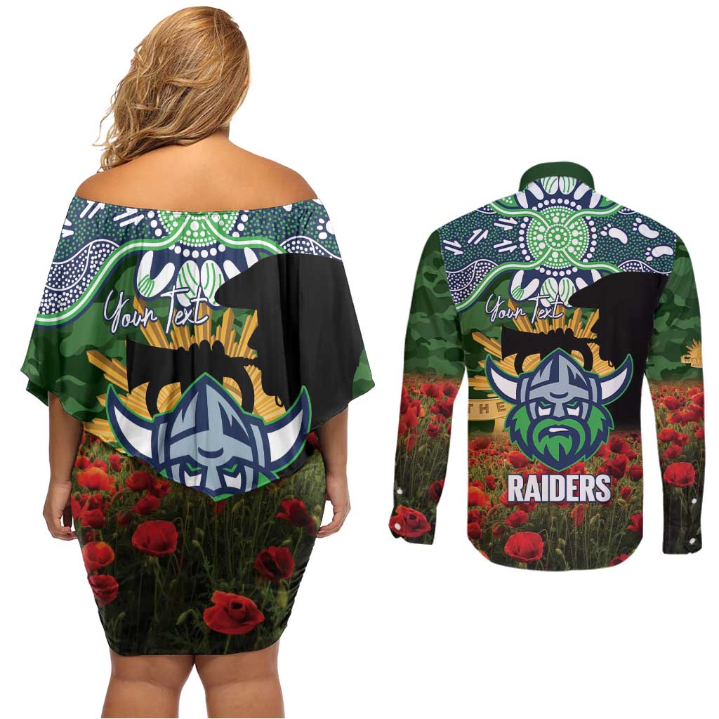 Personalised Raiders Rugby ANZAC Day Couples Matching Off Shoulder Short Dress and Long Sleeve Button Shirt Last Post Poppy We Will Remember Them