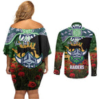 Personalised Raiders Rugby ANZAC Day Couples Matching Off Shoulder Short Dress and Long Sleeve Button Shirt Last Post Poppy We Will Remember Them