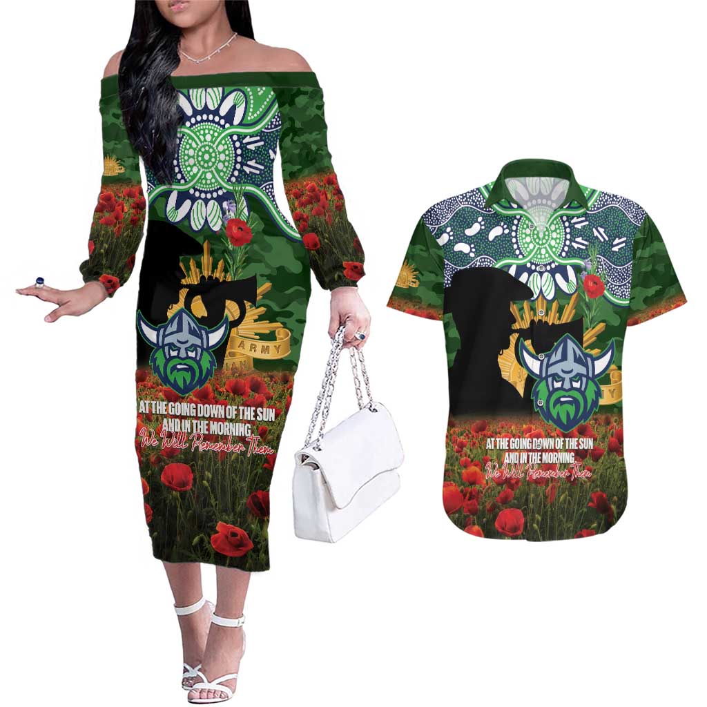 Personalised Raiders Rugby ANZAC Day Couples Matching Off The Shoulder Long Sleeve Dress and Hawaiian Shirt Last Post Poppy We Will Remember Them