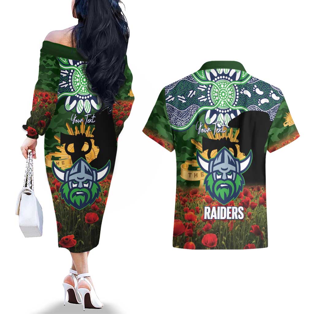 Personalised Raiders Rugby ANZAC Day Couples Matching Off The Shoulder Long Sleeve Dress and Hawaiian Shirt Last Post Poppy We Will Remember Them