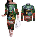 Personalised Raiders Rugby ANZAC Day Couples Matching Off The Shoulder Long Sleeve Dress and Long Sleeve Button Shirt Last Post Poppy We Will Remember Them