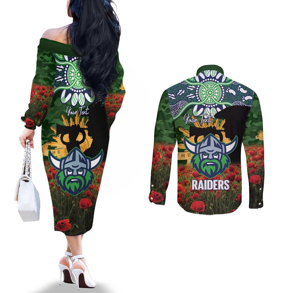 Personalised Raiders Rugby ANZAC Day Couples Matching Off The Shoulder Long Sleeve Dress and Long Sleeve Button Shirt Last Post Poppy We Will Remember Them