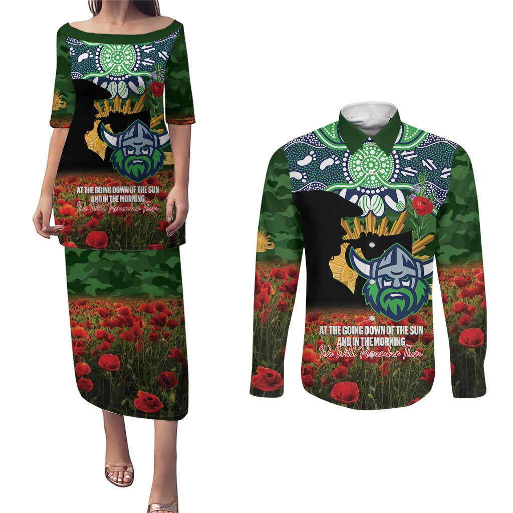 Personalised Raiders Rugby ANZAC Day Couples Matching Puletasi and Long Sleeve Button Shirt Last Post Poppy We Will Remember Them