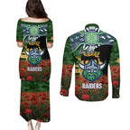 Personalised Raiders Rugby ANZAC Day Couples Matching Puletasi and Long Sleeve Button Shirt Last Post Poppy We Will Remember Them