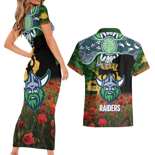 Personalised Raiders Rugby ANZAC Day Couples Matching Short Sleeve Bodycon Dress and Hawaiian Shirt Last Post Poppy We Will Remember Them