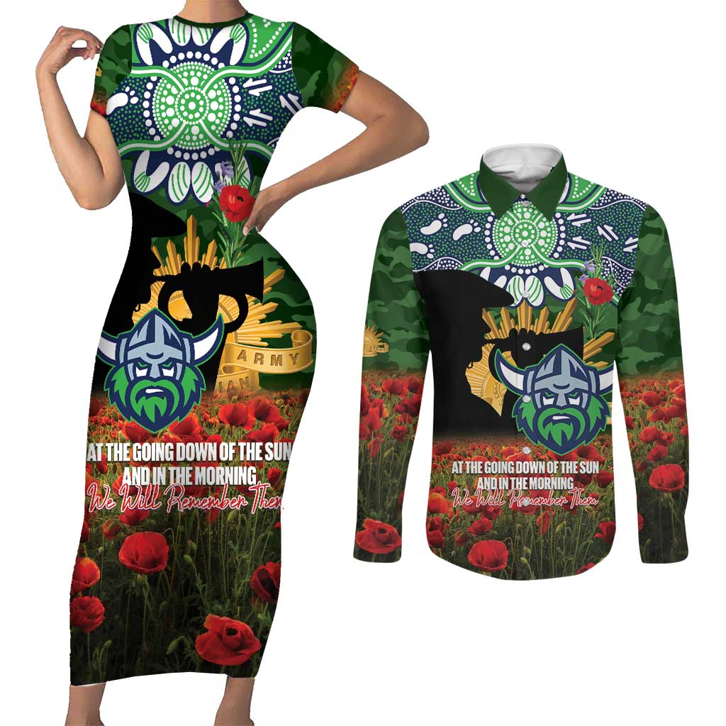 Personalised Raiders Rugby ANZAC Day Couples Matching Short Sleeve Bodycon Dress and Long Sleeve Button Shirt Last Post Poppy We Will Remember Them