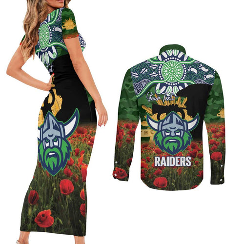 Personalised Raiders Rugby ANZAC Day Couples Matching Short Sleeve Bodycon Dress and Long Sleeve Button Shirt Last Post Poppy We Will Remember Them