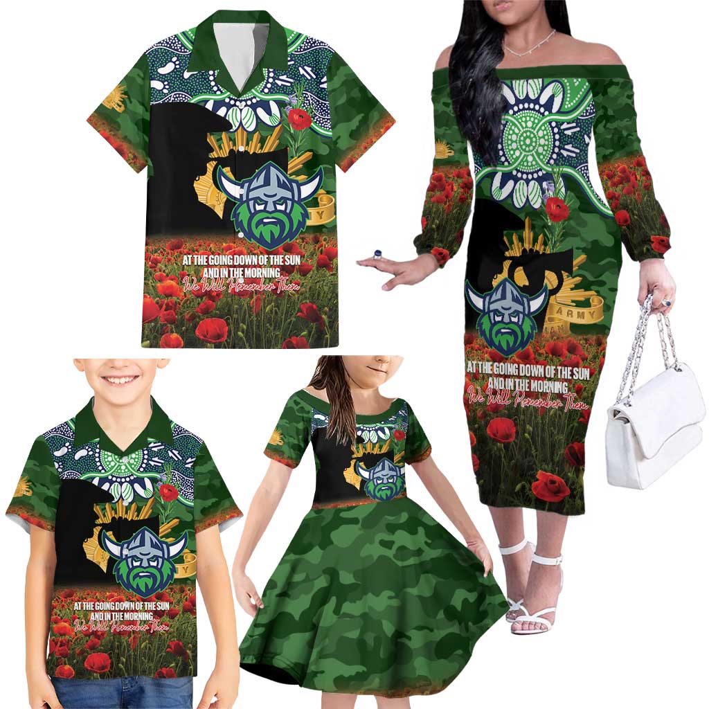 Personalised Raiders Rugby ANZAC Day Family Matching Off The Shoulder Long Sleeve Dress and Hawaiian Shirt Last Post Poppy We Will Remember Them