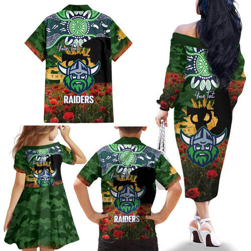 Personalised Raiders Rugby ANZAC Day Family Matching Off The Shoulder Long Sleeve Dress and Hawaiian Shirt Last Post Poppy We Will Remember Them
