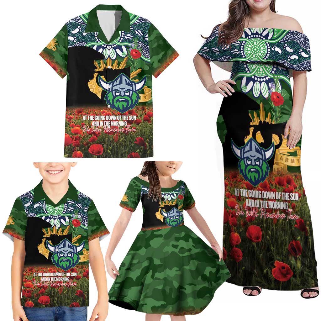Personalised Raiders Rugby ANZAC Day Family Matching Off Shoulder Maxi Dress and Hawaiian Shirt Last Post Poppy We Will Remember Them