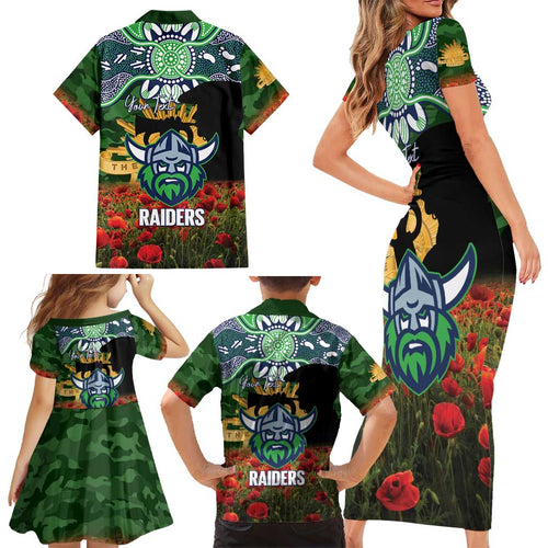 Personalised Raiders Rugby ANZAC Day Family Matching Short Sleeve Bodycon Dress and Hawaiian Shirt Last Post Poppy We Will Remember Them