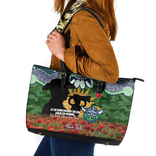 Personalised Raiders Rugby ANZAC Day Leather Tote Bag Last Post Poppy We Will Remember Them