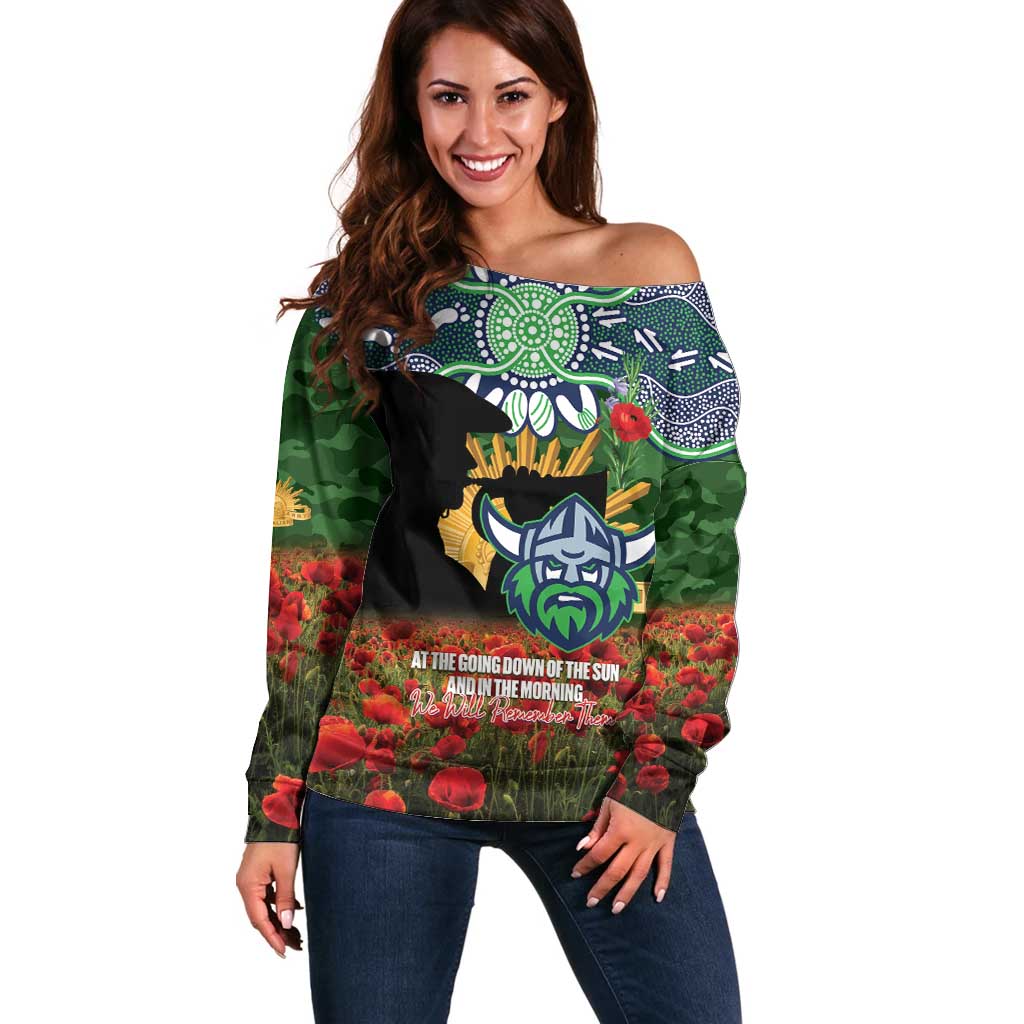 Personalised Raiders Rugby ANZAC Day Off Shoulder Sweater Last Post Poppy We Will Remember Them