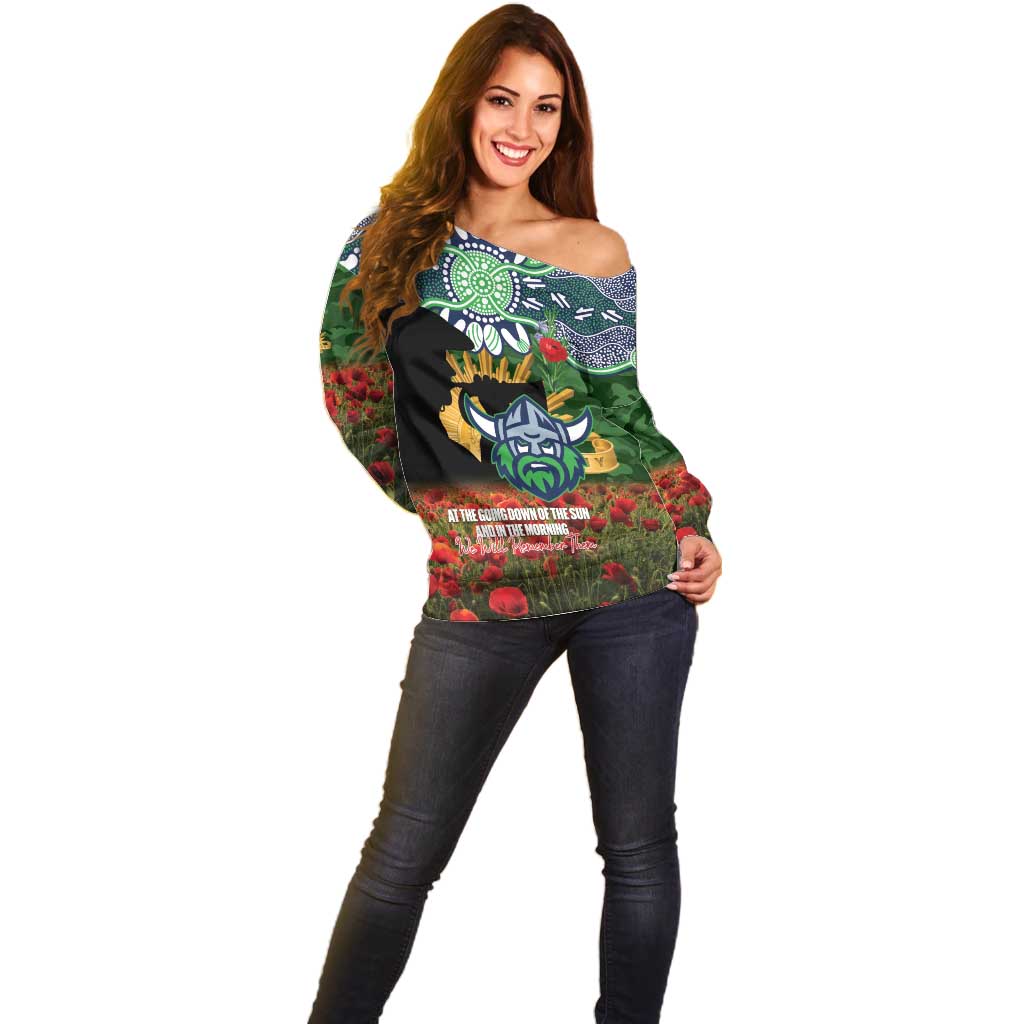 Personalised Raiders Rugby ANZAC Day Off Shoulder Sweater Last Post Poppy We Will Remember Them