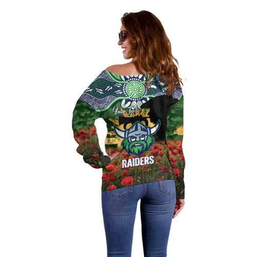 Personalised Raiders Rugby ANZAC Day Off Shoulder Sweater Last Post Poppy We Will Remember Them