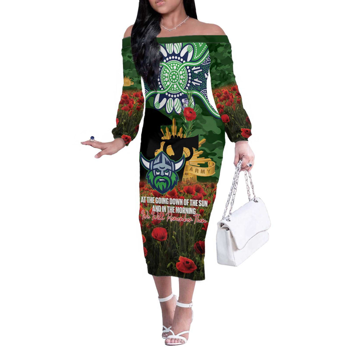 Personalised Raiders Rugby ANZAC Day Off The Shoulder Long Sleeve Dress Last Post Poppy We Will Remember Them