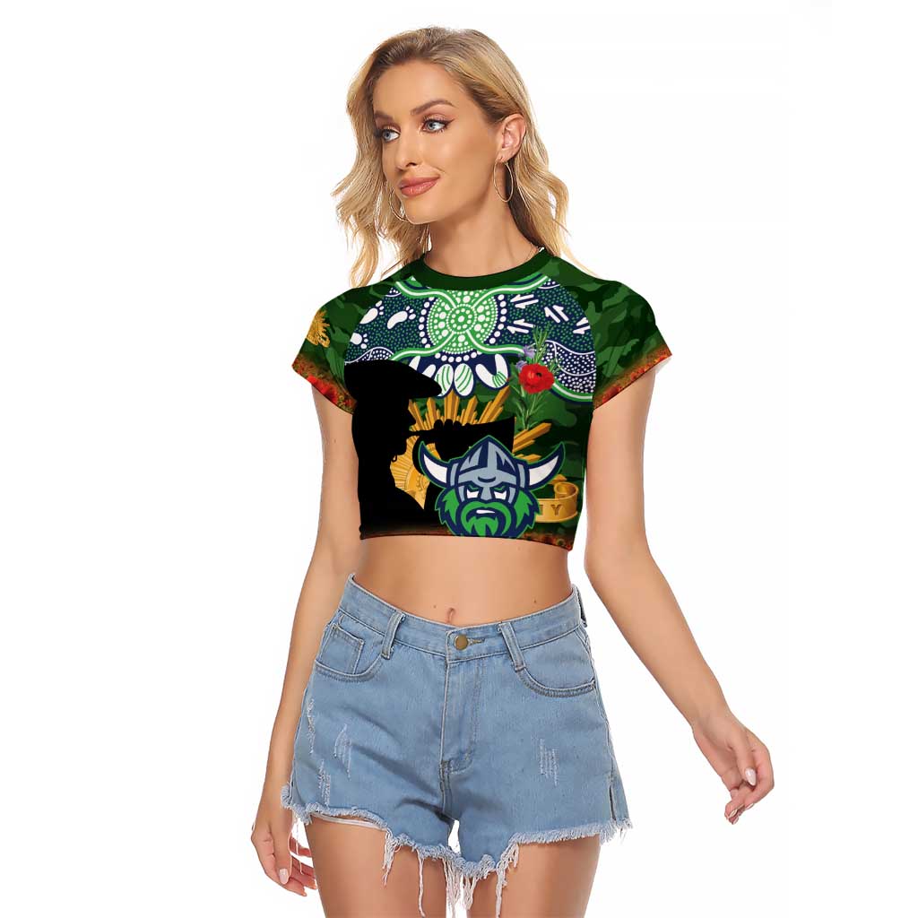 Personalised Raiders Rugby ANZAC Day Raglan Cropped T Shirt Last Post Poppy We Will Remember Them