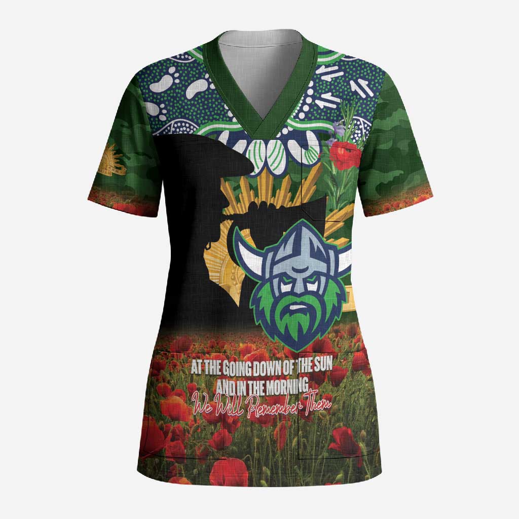 Personalised Raiders Rugby ANZAC Day Scrub Top Last Post Poppy We Will Remember Them