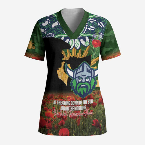 Personalised Raiders Rugby ANZAC Day Scrub Top Last Post Poppy We Will Remember Them
