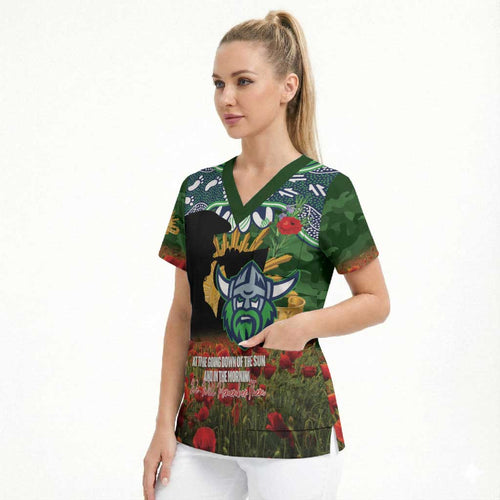 Personalised Raiders Rugby ANZAC Day Scrub Top Last Post Poppy We Will Remember Them