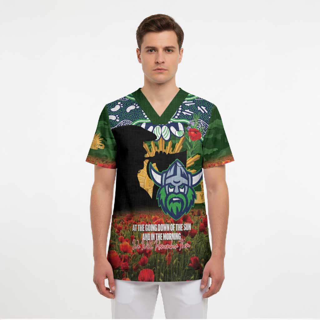 Personalised Raiders Rugby ANZAC Day Scrub Top Last Post Poppy We Will Remember Them