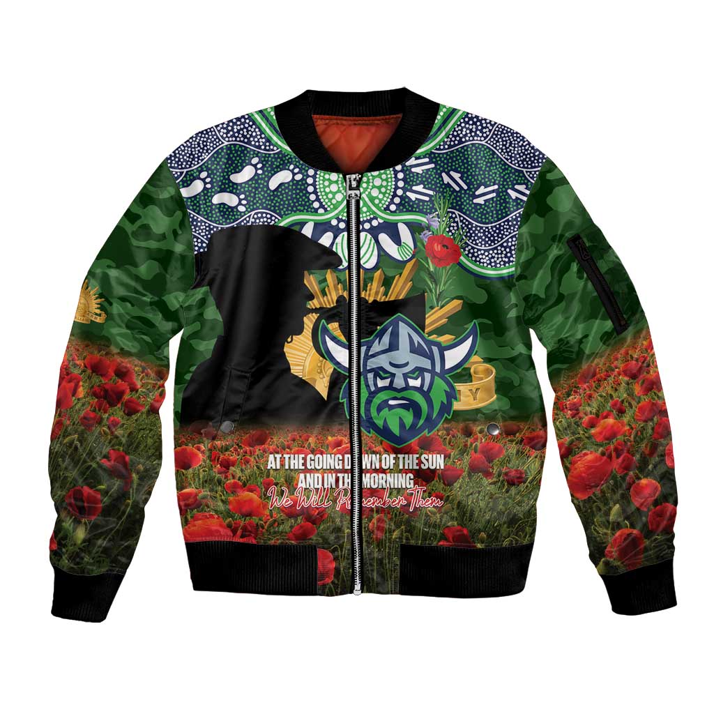 Personalised Raiders Rugby ANZAC Day Sleeve Zip Bomber Jacket Last Post Poppy We Will Remember Them