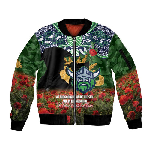 Personalised Raiders Rugby ANZAC Day Sleeve Zip Bomber Jacket Last Post Poppy We Will Remember Them