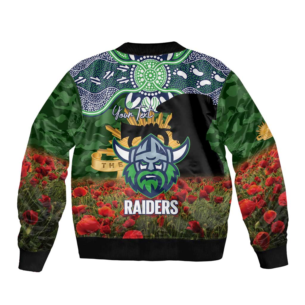 Personalised Raiders Rugby ANZAC Day Sleeve Zip Bomber Jacket Last Post Poppy We Will Remember Them