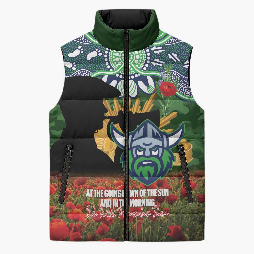 Personalised Raiders Rugby ANZAC Day Sleeveless Puffer Jacket Last Post Poppy We Will Remember Them