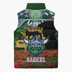 Personalised Raiders Rugby ANZAC Day Sleeveless Puffer Jacket Last Post Poppy We Will Remember Them