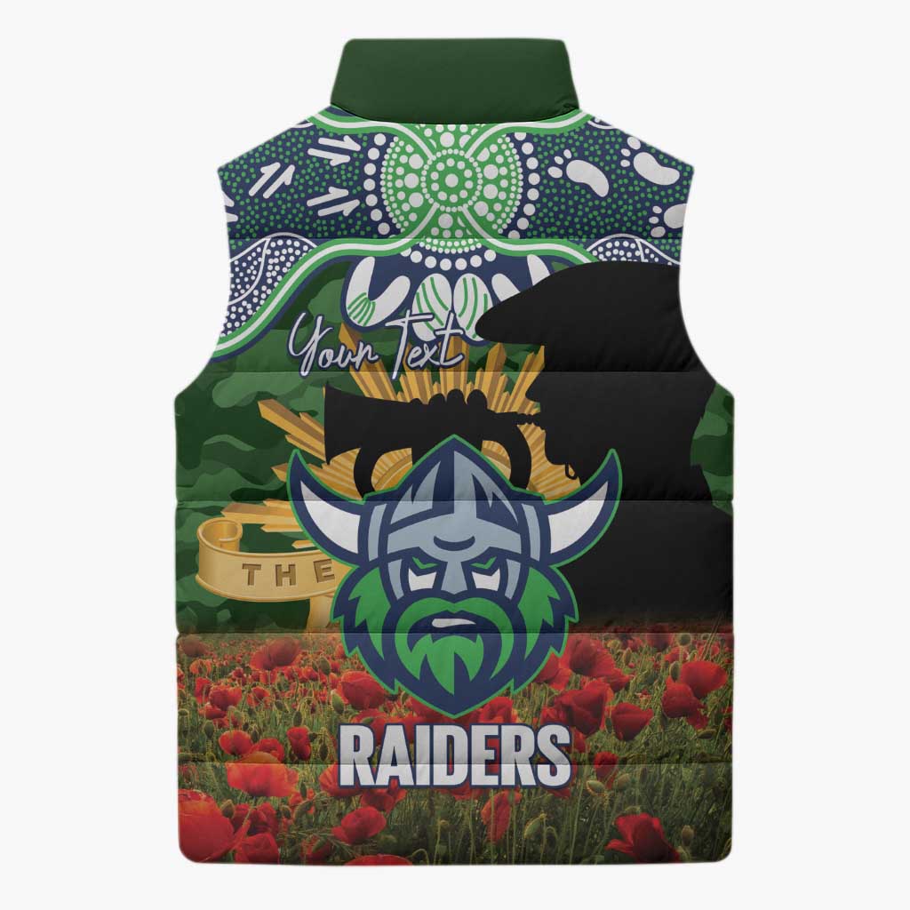 Personalised Raiders Rugby ANZAC Day Sleeveless Puffer Jacket Last Post Poppy We Will Remember Them