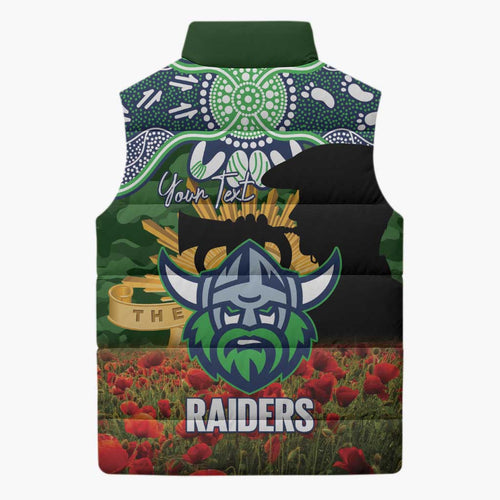 Personalised Raiders Rugby ANZAC Day Sleeveless Puffer Jacket Last Post Poppy We Will Remember Them