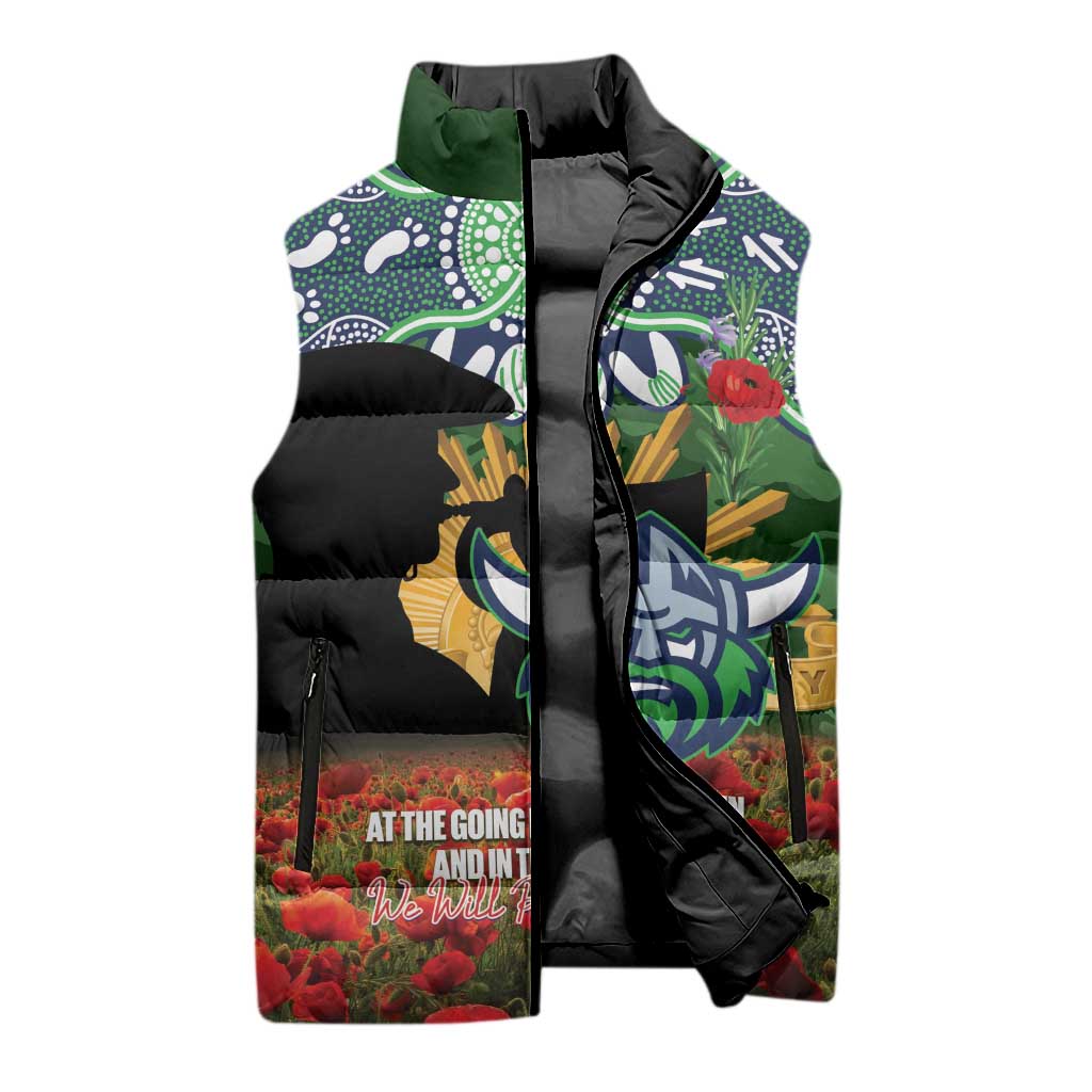 Personalised Raiders Rugby ANZAC Day Sleeveless Puffer Jacket Last Post Poppy We Will Remember Them
