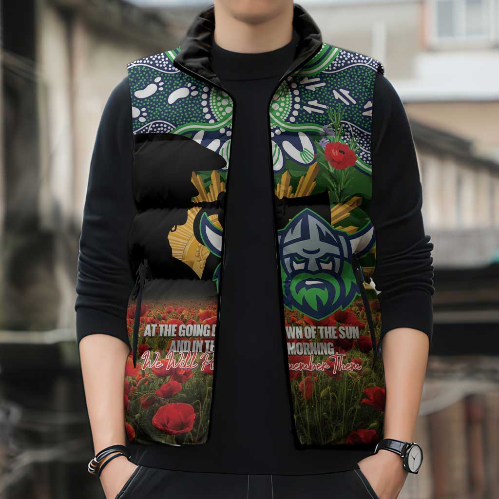 Personalised Raiders Rugby ANZAC Day Sleeveless Puffer Jacket Last Post Poppy We Will Remember Them