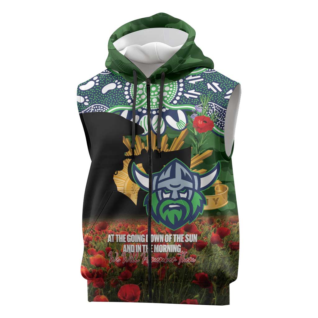 Personalised Raiders Rugby ANZAC Day Sleeveless Zip Hoodie Last Post Poppy We Will Remember Them