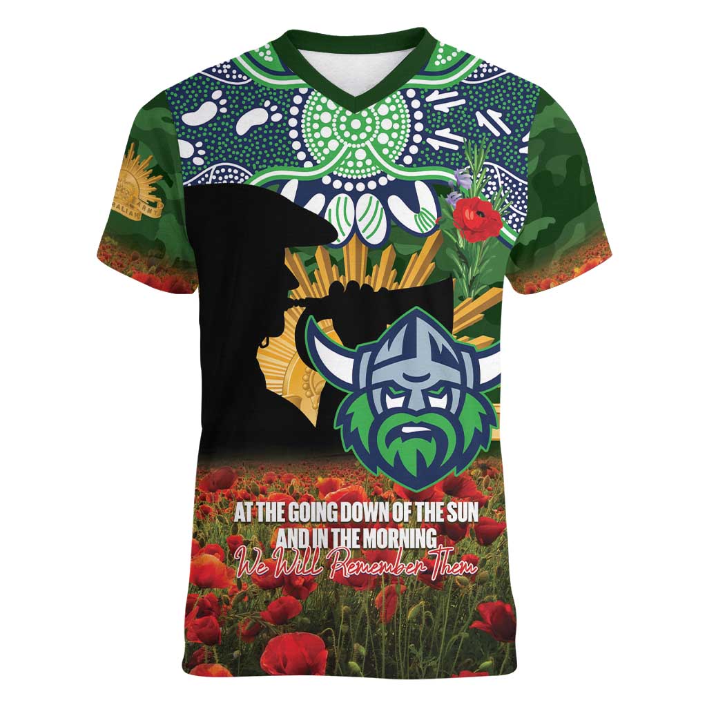 Personalised Raiders Rugby ANZAC Day Women V-Neck T-Shirt Last Post Poppy We Will Remember Them