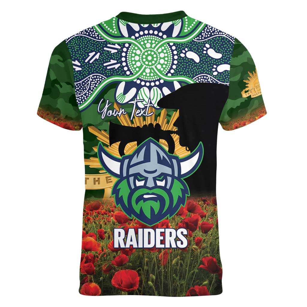 Personalised Raiders Rugby ANZAC Day Women V-Neck T-Shirt Last Post Poppy We Will Remember Them