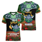 Personalised Raiders Rugby ANZAC Day Women V-Neck T-Shirt Last Post Poppy We Will Remember Them