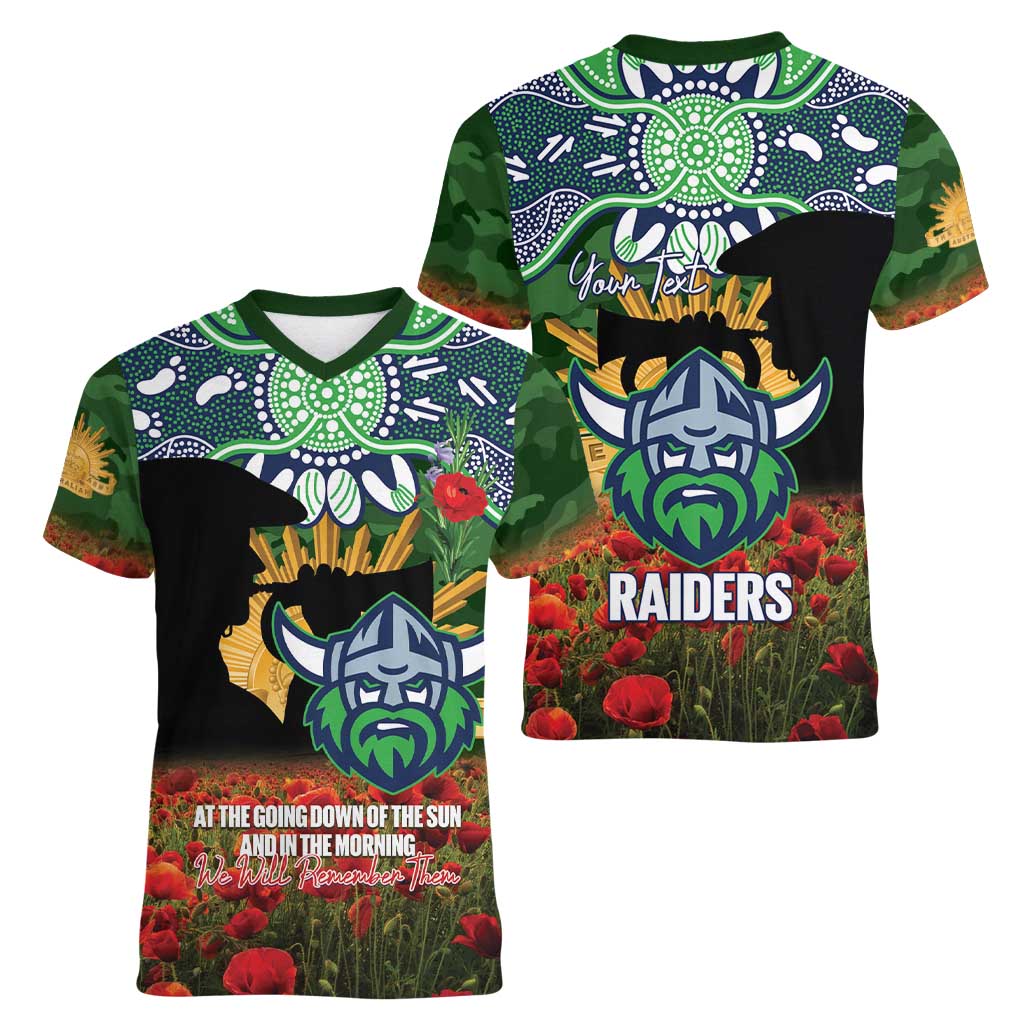 Personalised Raiders Rugby ANZAC Day Women V-Neck T-Shirt Last Post Poppy We Will Remember Them