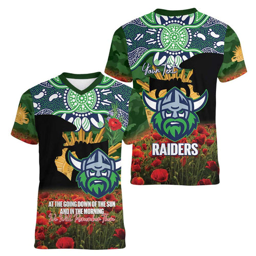 Personalised Raiders Rugby ANZAC Day Women V-Neck T-Shirt Last Post Poppy We Will Remember Them