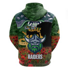 Personalised Raiders Rugby ANZAC Day Zip Hoodie Last Post Poppy We Will Remember Them