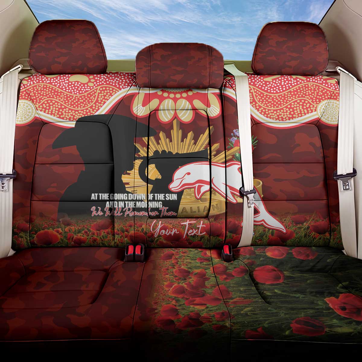 Personalised Dolphins Rugby ANZAC Day Back Car Seat Cover Last Post Poppy We Will Remember Them