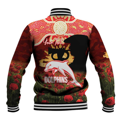 Personalised Dolphins Rugby ANZAC Day Baseball Jacket Last Post Poppy We Will Remember Them