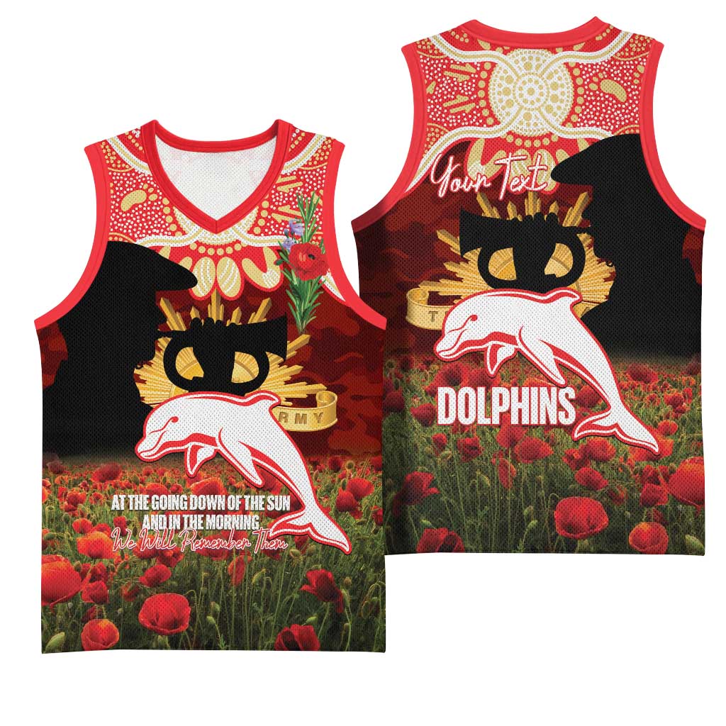 Personalised Dolphins Rugby ANZAC Day Basketball Jersey Last Post Poppy We Will Remember Them