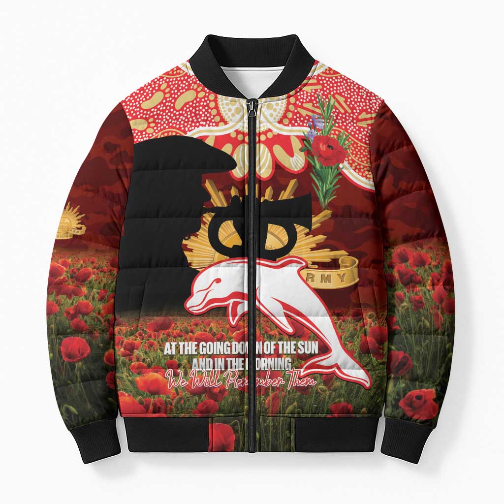 Personalised Dolphins Rugby ANZAC Day Bomber Puffer Jacket Last Post Poppy We Will Remember Them