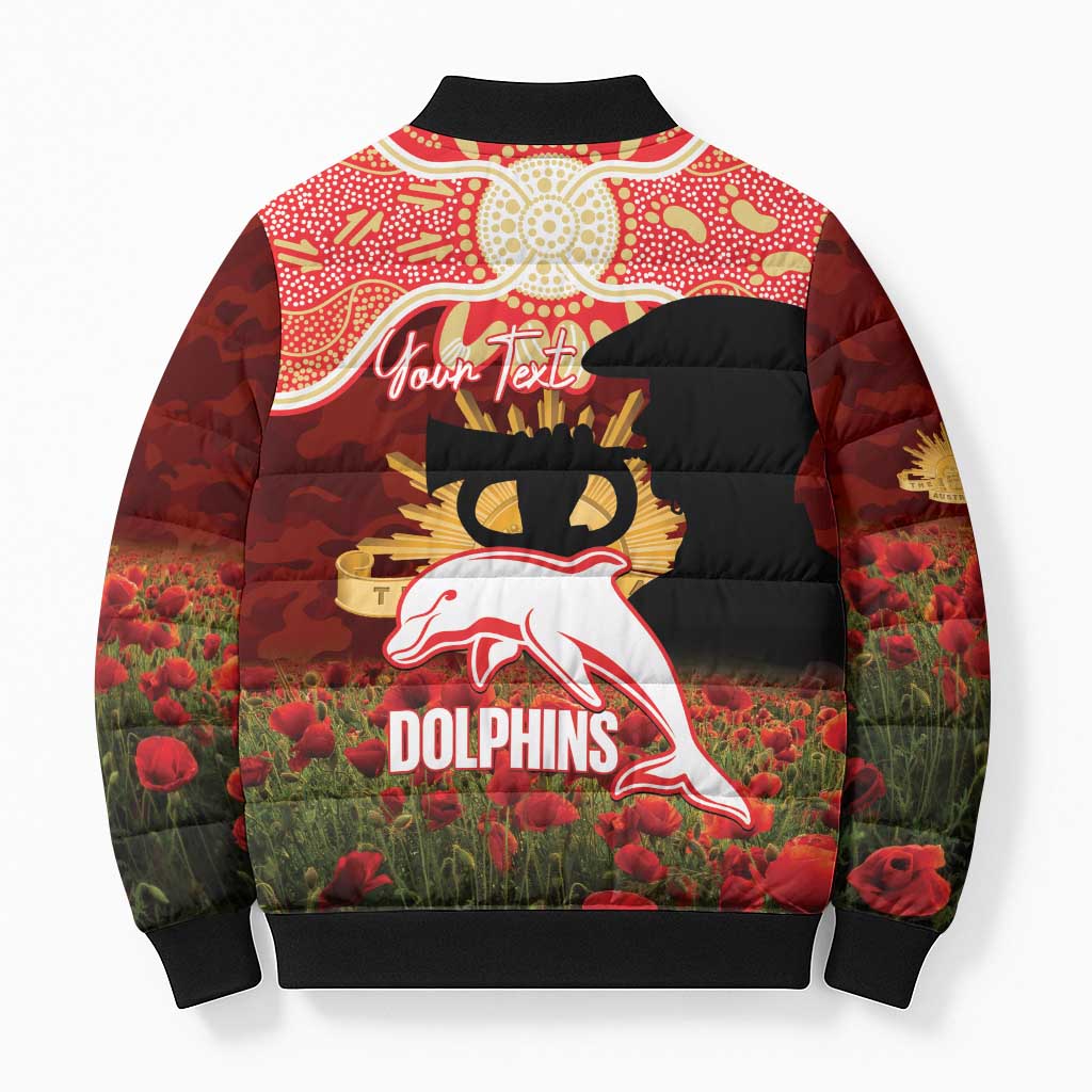 Personalised Dolphins Rugby ANZAC Day Bomber Puffer Jacket Last Post Poppy We Will Remember Them