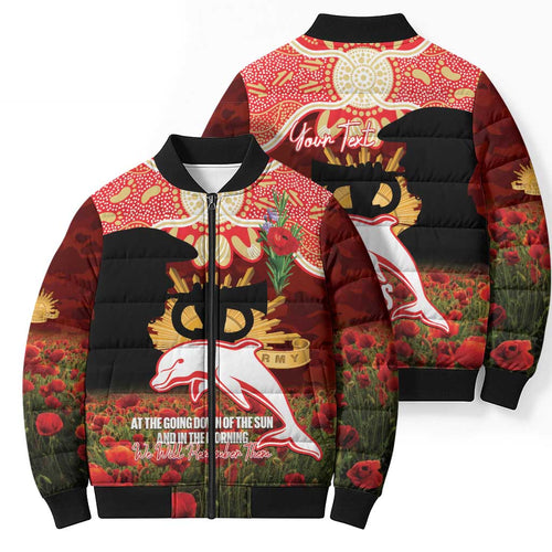 Personalised Dolphins Rugby ANZAC Day Bomber Puffer Jacket Last Post Poppy We Will Remember Them