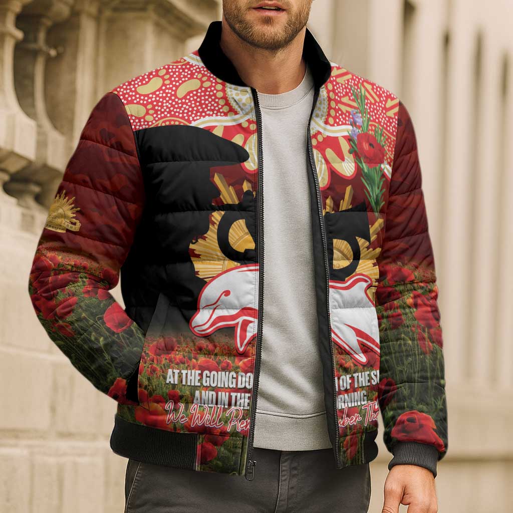 Personalised Dolphins Rugby ANZAC Day Bomber Puffer Jacket Last Post Poppy We Will Remember Them